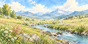 草原の小川｜牧場と草原の無料水彩風景イラスト素材 106098