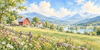 赤い納屋｜田園と農家の無料水彩風景イラスト素材 106099