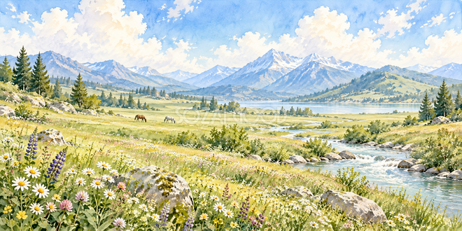 馬の放牧地の水彩風景 馬の放牧地の水彩風景