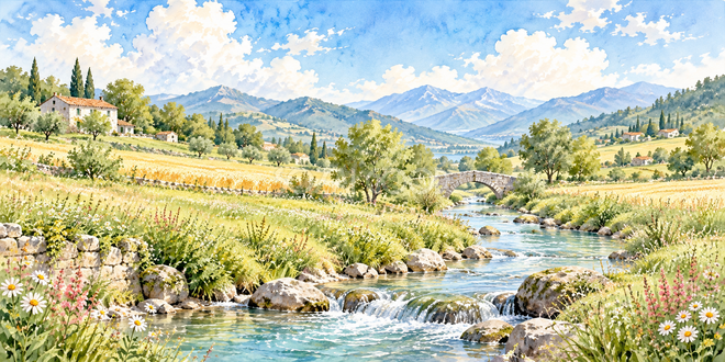 畑と小川の水彩風景