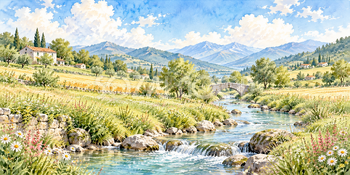 畑と小川｜田園と農家の無料水彩風景イラスト素材 106101