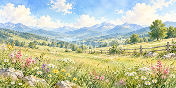 花咲く牧草地｜牧場と草原の無料水彩風景イラスト素材 106102