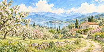 果樹園の家｜田園と農家の無料水彩風景イラスト素材 106103