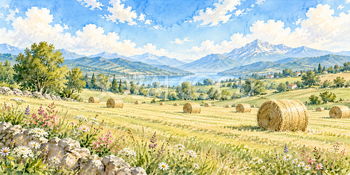 干し草と草原｜牧場と草原の無料水彩風景イラスト素材 106106