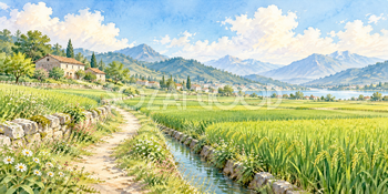 青田のあぜ道｜田園と農家の無料水彩風景イラスト素材 106107