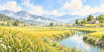 黄金の稲田｜田園と農家の無料水彩風景イラスト素材 106108
