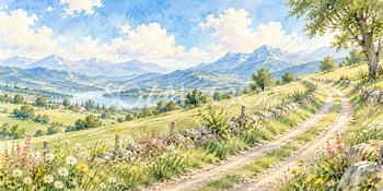丘へ続く道｜牧場と草原の無料水彩風景イラスト素材 106110