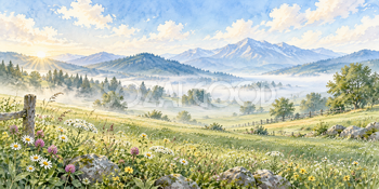 朝霧の牧場｜牧場と草原の無料水彩風景イラスト素材 106114
