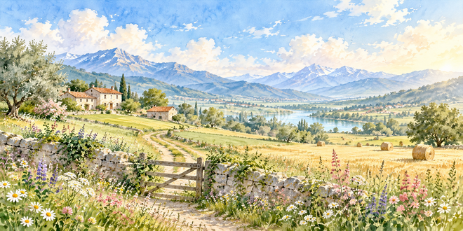 朝の田園の水彩風景 朝の田園の水彩風景