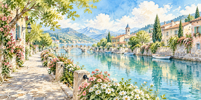 花の運河沿いの水彩風景 花の運河沿いの水彩風景