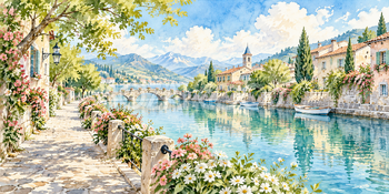 花の運河沿い｜運河の街の無料水彩風景イラスト素材 106119