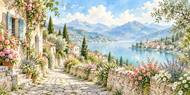 花の坂道の水彩風景 花の坂道の水彩風景