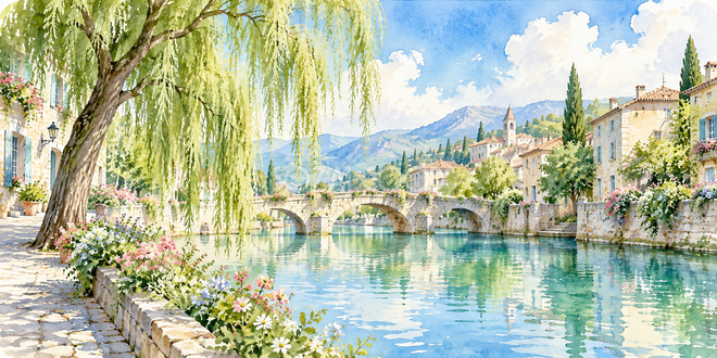 柳の運河の水彩風景 柳の運河の水彩風景