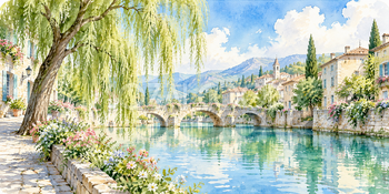 柳の運河｜運河の街の無料水彩風景イラスト素材 106125