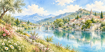 川辺の村｜ヨーロッパの村の無料水彩風景イラスト素材 106126