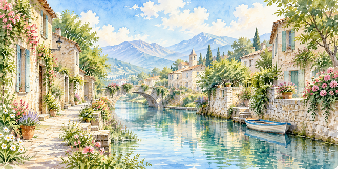 細い路地の水路の水彩風景 細い路地の水路の水彩風景