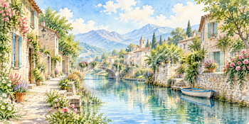 細い路地の水路｜運河の街の無料水彩風景イラスト素材 106127
