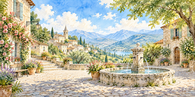 小さな広場の水彩風景 小さな広場の水彩風景