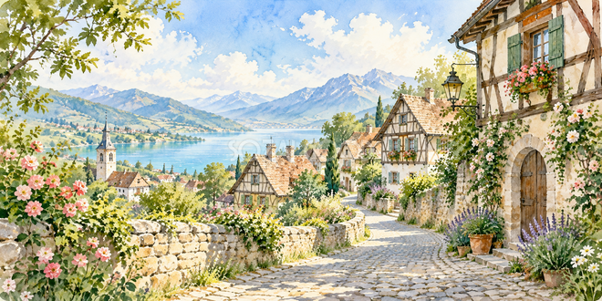 木組みの家並みの水彩風景 木組みの家並みの水彩風景