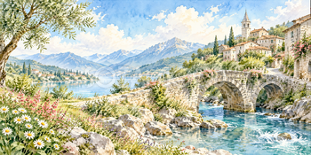 村の石橋｜ヨーロッパの村の無料水彩風景イラスト素材 106131