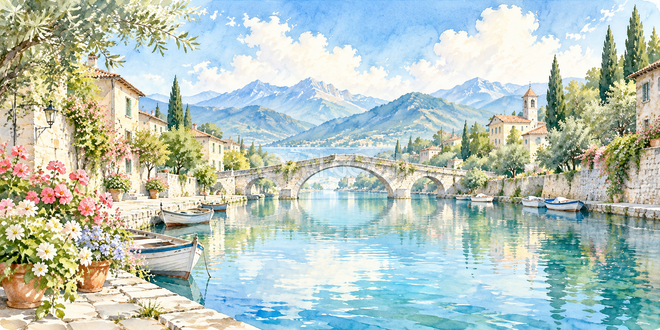 アーチ橋の眺めの水彩風景 アーチ橋の眺めの水彩風景