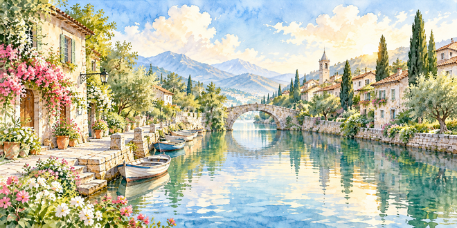 朝の運河の水彩風景 朝の運河の水彩風景