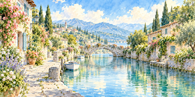 光映る水路の水彩風景 光映る水路の水彩風景