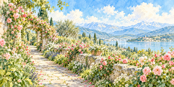 バラの小道｜花咲く庭と小道の無料水彩風景イラスト素材 106144