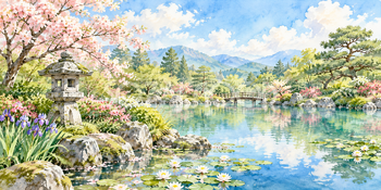 池と石灯籠｜日本庭園の無料水彩風景イラスト素材 106145
