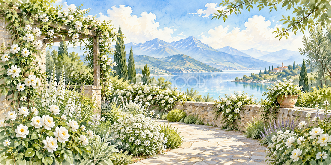 白い花の庭の水彩風景 白い花の庭の水彩風景