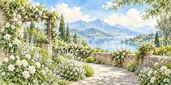 白い花の庭｜花咲く庭と小道の無料水彩風景イラスト素材 106146