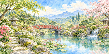赤い橋の庭｜日本庭園の無料水彩風景イラスト素材 106147