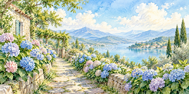 紫陽花の道の水彩風景