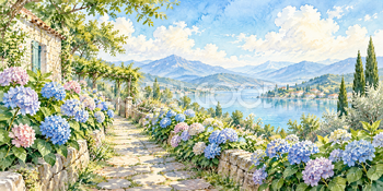 紫陽花の道｜花咲く庭と小道の無料水彩風景イラスト素材 106148