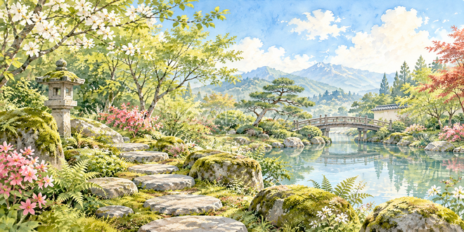 苔と飛び石の水彩風景 苔と飛び石の水彩風景