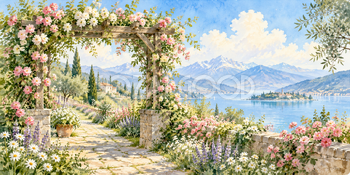 庭のアーチ｜花咲く庭と小道の無料水彩風景イラスト素材 106150
