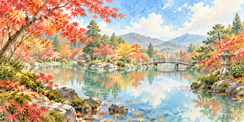 紅葉の庭｜日本庭園の無料水彩風景イラスト素材 106151