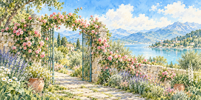 花咲く門の水彩風景 花咲く門の水彩風景