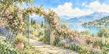 花咲く門｜花咲く庭と小道の無料水彩風景イラスト素材 106152