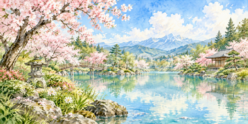 桜の庭｜日本庭園の無料水彩風景イラスト素材 106153