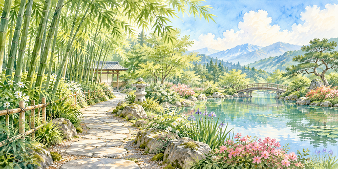 竹林の小道の水彩風景 竹林の小道の水彩風景