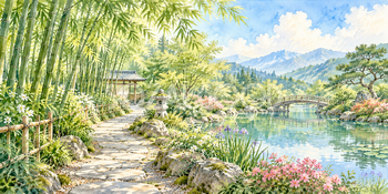 竹林の小道｜日本庭園の無料水彩風景イラスト素材 106155