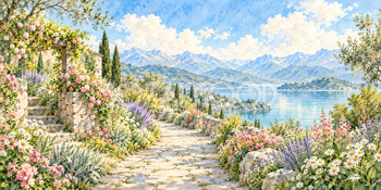 石畳の庭｜花咲く庭と小道の無料水彩風景イラスト素材 106156
