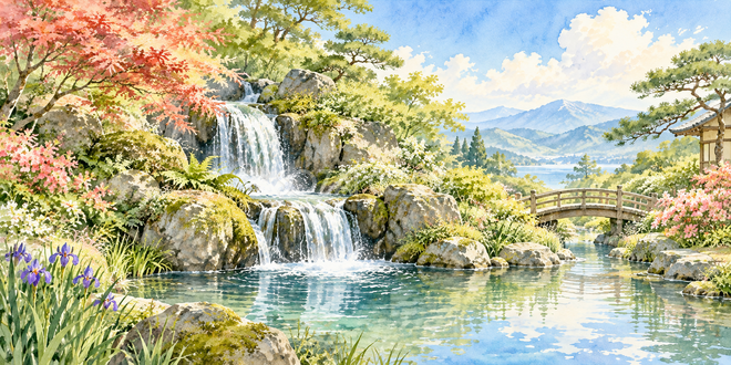 庭の滝の水彩風景 庭の滝の水彩風景