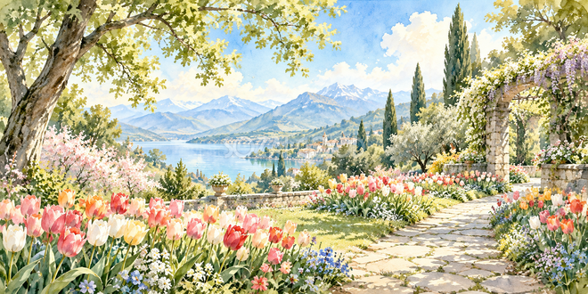 チューリップの庭の水彩風景 チューリップの庭の水彩風景