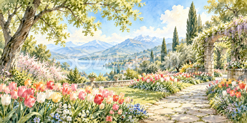 チューリップの庭｜花咲く庭と小道の無料水彩風景イラスト素材 106158