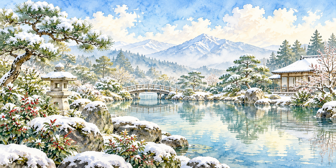 雪の庭の水彩風景