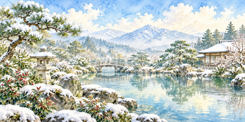 雪の庭｜日本庭園の無料水彩風景イラスト素材 106159