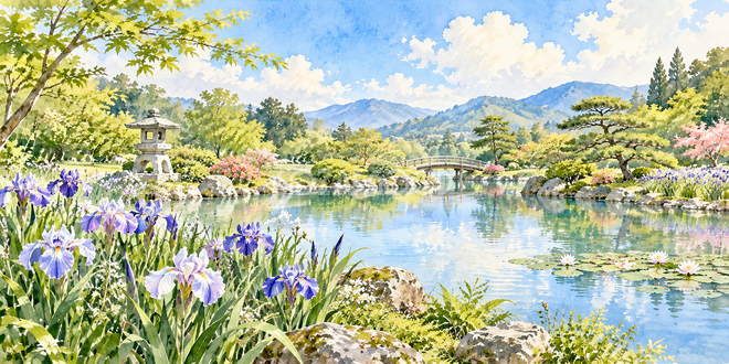 菖蒲の池の水彩風景 菖蒲の池の水彩風景