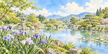 菖蒲の池｜日本庭園の無料水彩風景イラスト素材 106161